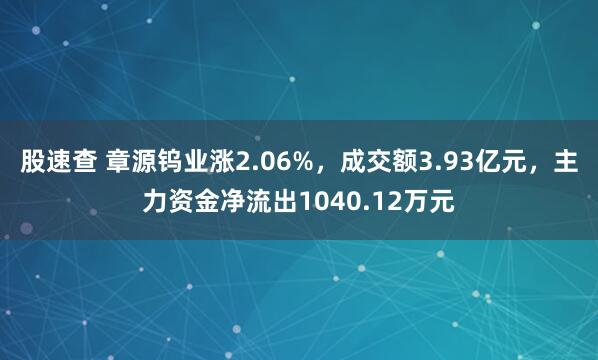 股速查 章源钨业涨2.06%，成交额3.93亿元，主力资金净流出1040.12万元